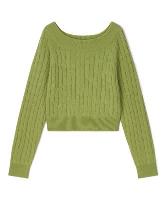 Tobaseu Wool Cable Knit Off-Shoulder Top (Green)