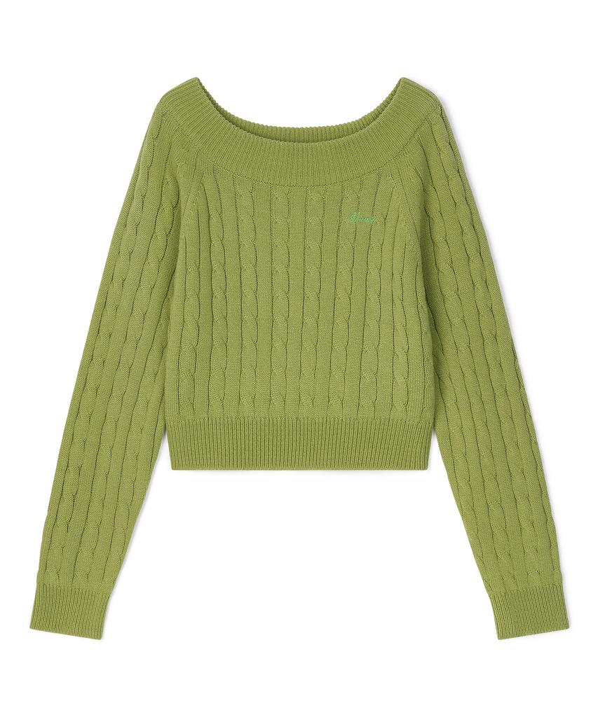 Tobaseu Wool Cable Knit Off-Shoulder Top (Green)