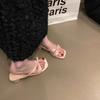 One-word sandals women's 2025 summer new bow thin strap thick heel medium heel sweet gentle wind with skirt slippers