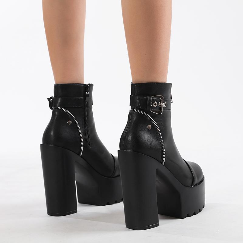 Stivaletti Donna Con Plateau, Punta Tonda, Tacco Largo 3 Cm, Gambo Corto, Con Cerniera E Lacci, Stile Punk Gotico Invernale