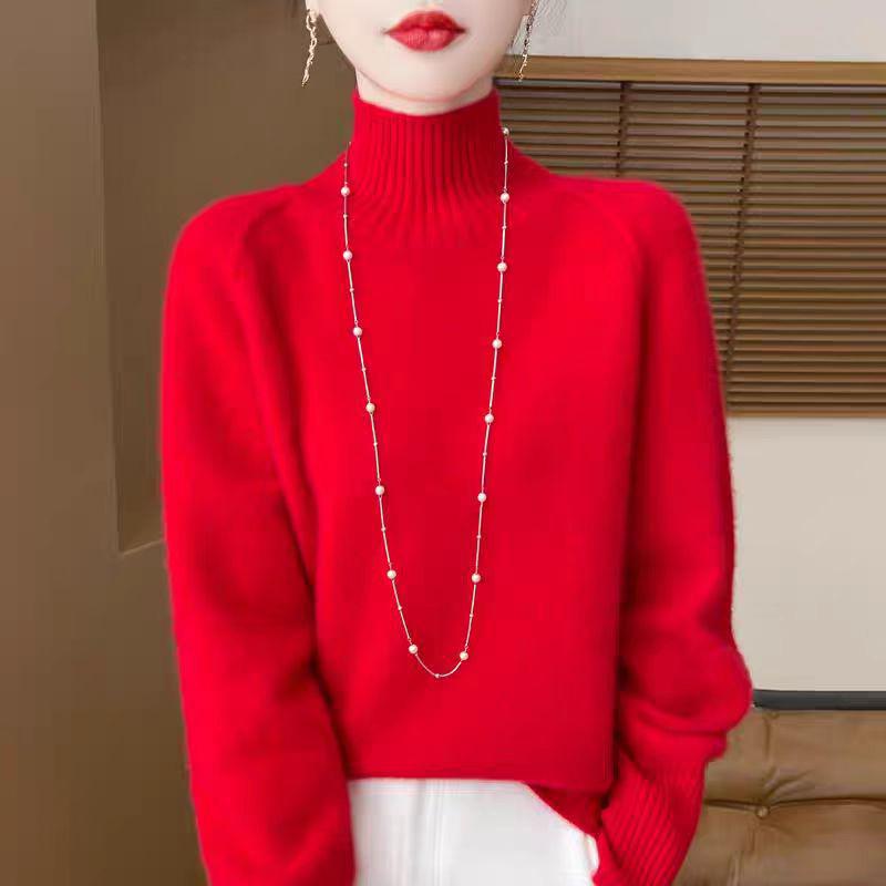 WTEMPO Autumn and Winter Semi High Neck Sweater Loose Knitted Top and Pullover Knit Sweater