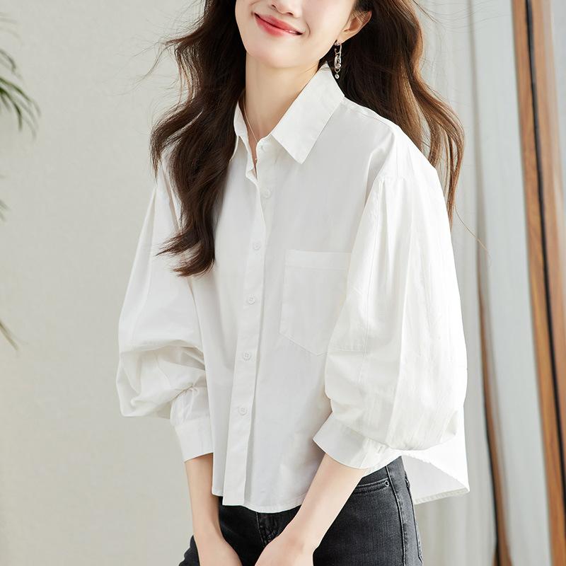 New Pure Cotton Shirt for Women's Temperament Commuting Chic Lantern Sleeve Shirt for Women Lapel Slim Body