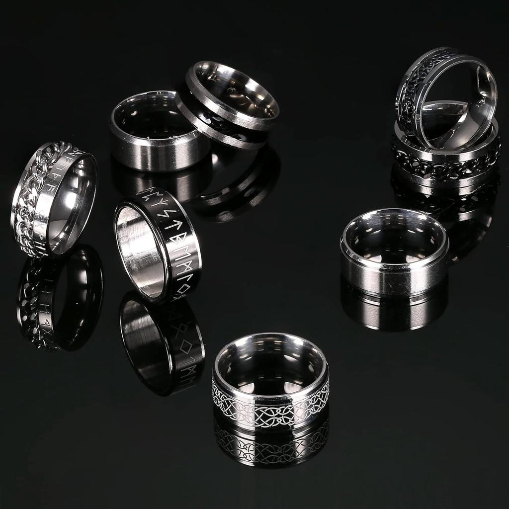 Bobisty 8Pcs Stainless Steel Rings for Men Women Stainless Steel Fidget Anxiety Stress Relieving Ring Set Wedding Rings Size7-13