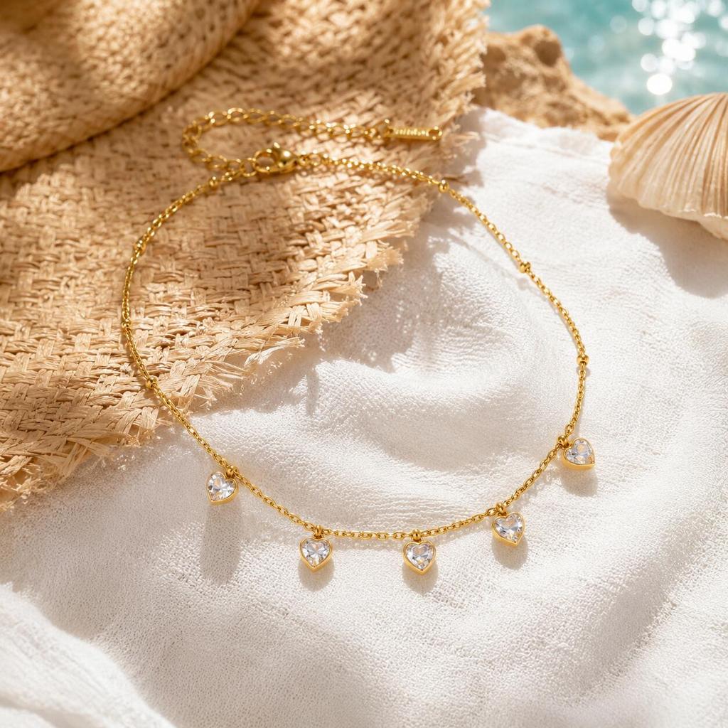 Heart Stainless Steel Anklet Bracelet Waterproof Gold Plated CZ Stone Satellite Chain French Style Jewelry for Women