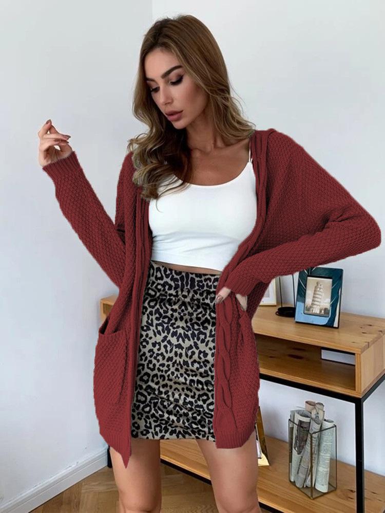 Women's Autumn/Winter Cable Knit Hoodie Cardigan with Pockets and Long Sleeves