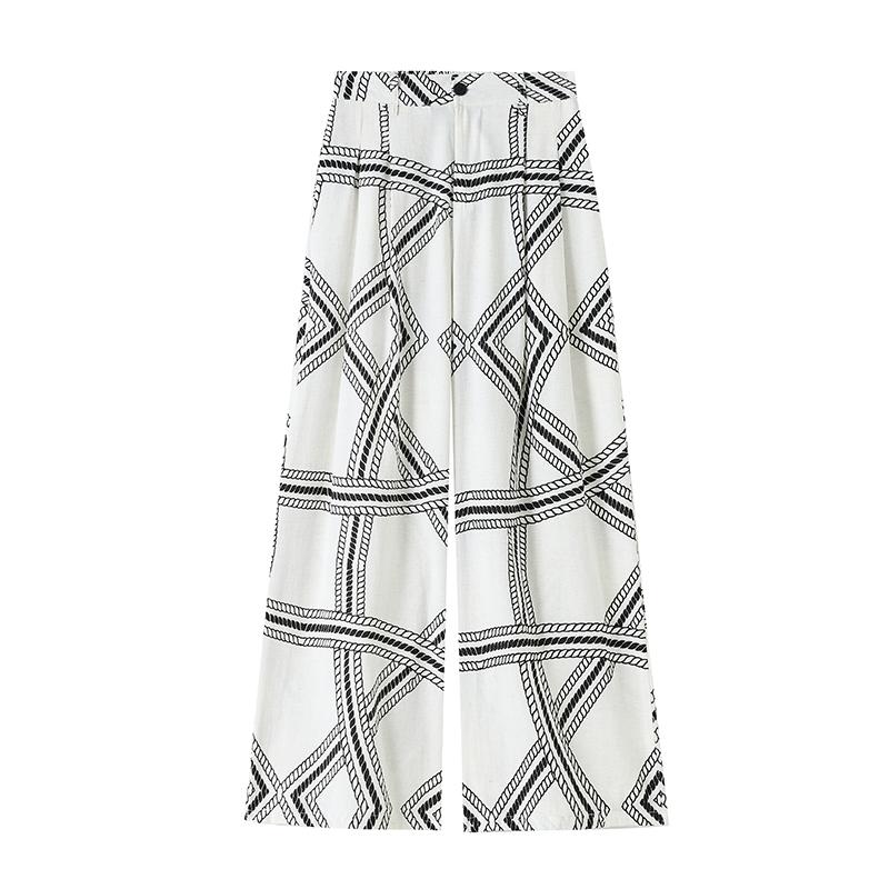 Summer Women Print Chain Cotton And Linen Thin High Waist Wide Leg Pant Trouser With Pocket For Girl