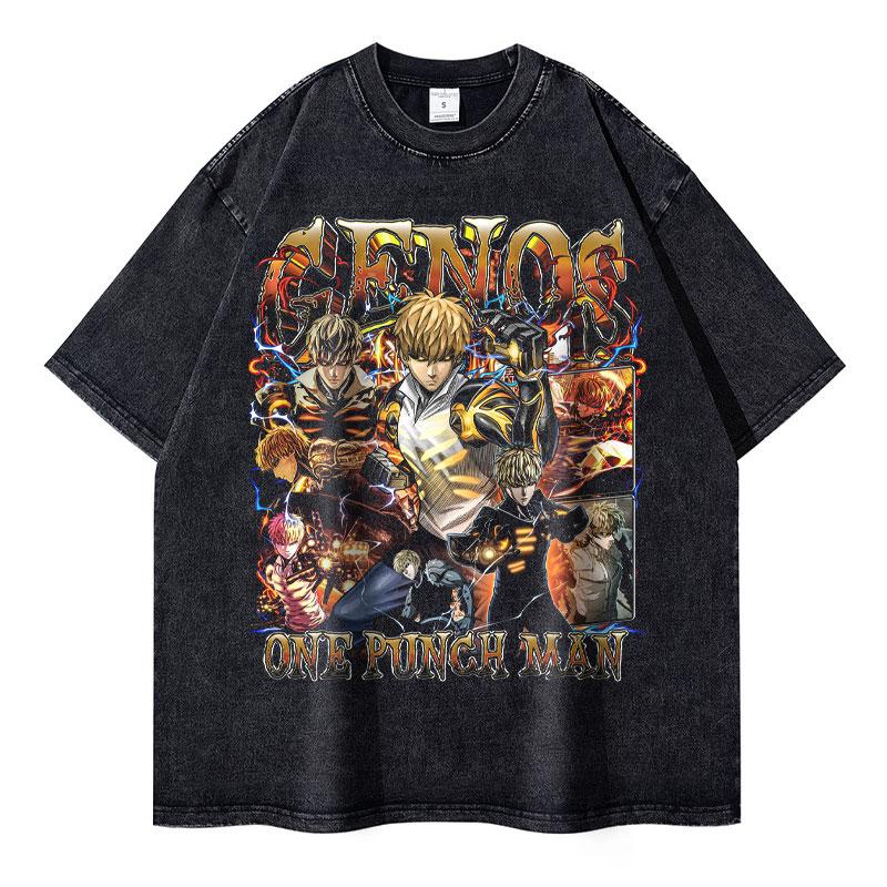 Genos T Shirt Vintage Washed Oversized Anime OOne Punch Tshirts Unisexga Short Sleeve Saitama Garou Tops Tees Unisex  Cotton M