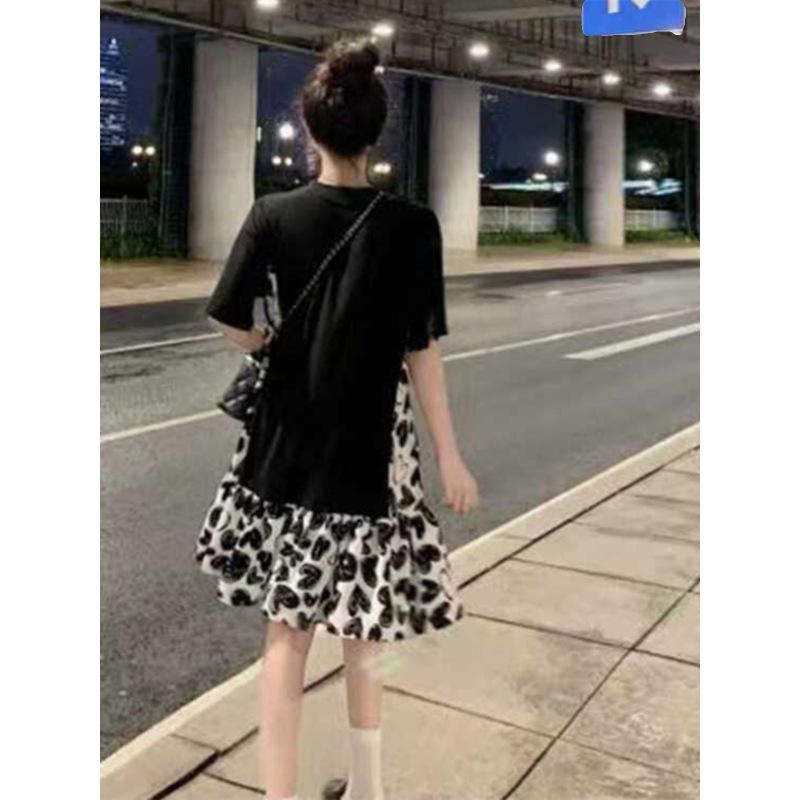 Flower Splicing Medium and Long A-shaped Dress, Summer Slightly Fat Mm Loose, Covering the Stomach and Showing Thinness, Foreign Style T-shirt Dress