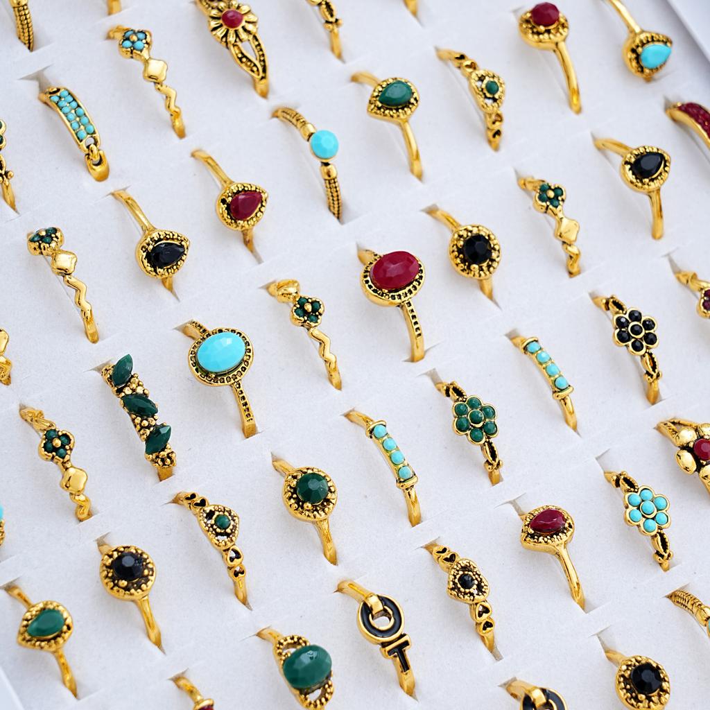 10Pcs Retro women's ring. Various styles of colored stone rings. Turquoise ring.