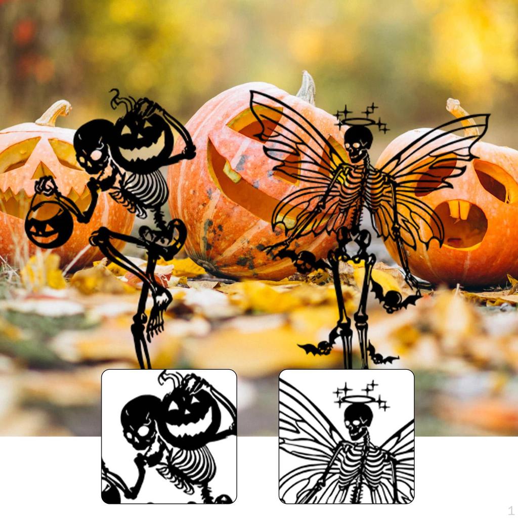 2 Pieces Skeleton Halloween Yard Signs Iron Art Ornaments Weather Resistant Decor for