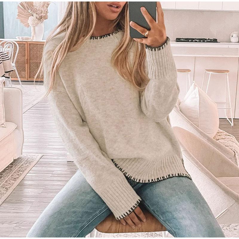 European American Autumn Winter Round Neck Casual Long Sleeve Sweater Solid Color Versatile Split Sweaters