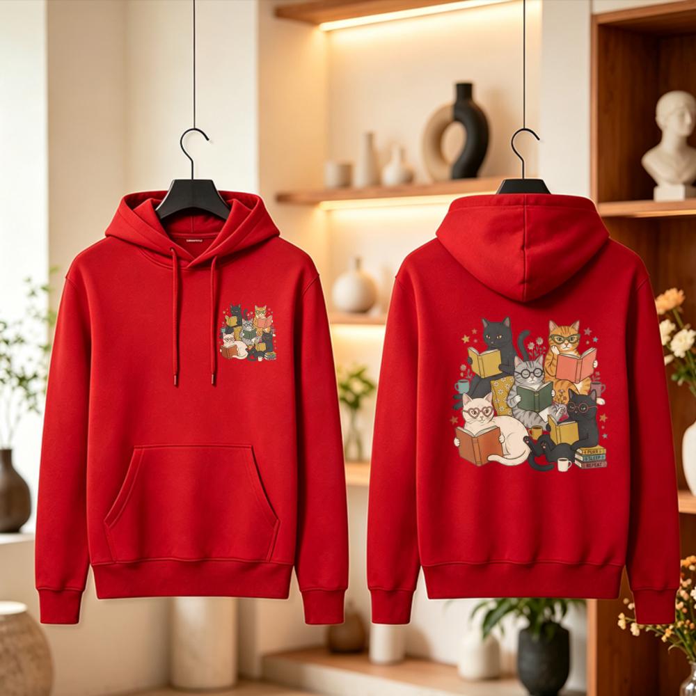 Vintage Retro Cartoon Cats Books Lovers Hoodie Oversized Fit Reading Glasses Coffee Cups Navy Blue Stars Graphic Pullover Sweats