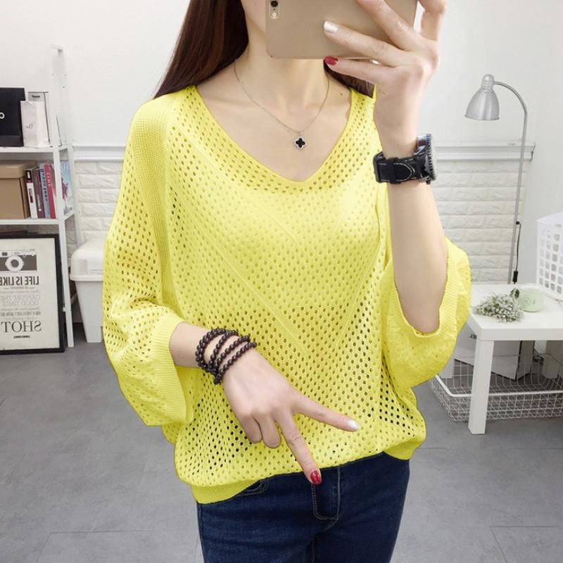 Summer Hollow Short-sleeved Bat Shirt Loose Knit Top V-neck Solid Color Plus Size Blouse