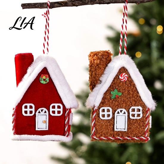 Seasonal Home Festive Accent Plush Christmas House Hanging Ornament, Fabric Gingerbread Cabin Pendant with Tiered Tray Display Figurine Rope,