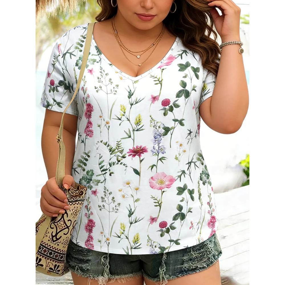 

Plus Size Women s T-Shirt V Neck Short Sleeve Floral Print Loose Fit Tops Boho Spring Summer Casual T-Shirt Beach Soft Tops S