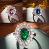 Luxury  Sterling Silver Droplet Pear Shaped Inlaid Zircon Emerald Rings for Women Banquet Engagement Party Fine  Gift
