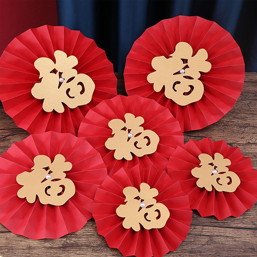 6pcs FU Character Wall Clings Decorative Fu Hanging Paper Fan for Festival Wedding Birthday Party Calligraphy Style