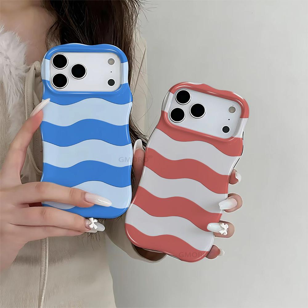 Summer Limited Contrasting Color Wavy Striped Mobile Phone Case iPhone16PROMAX Anti-drop Protective Case 2-in-1 Film