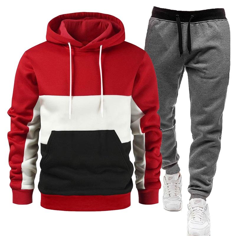 Men's Color Block Hoodie & Sweatpants Set Casual 2PCS Tracksuit, Drawstring Sportswear Outfit