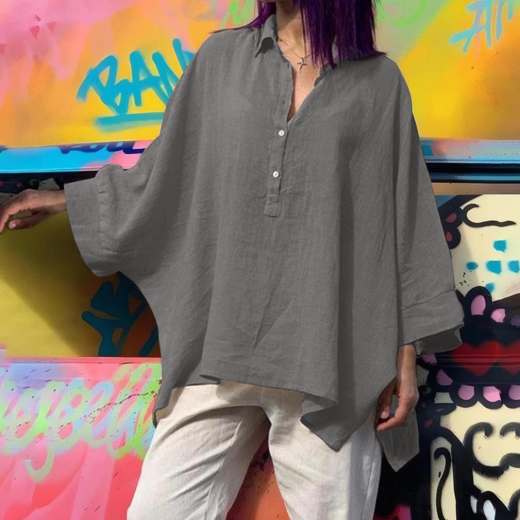 Camicia casual ampia a maniche lunghe con scollo a V e scollo a V da donna, stile autunno, retrò, Harajuku, tinta unita, in cotone e lino, taglie forti