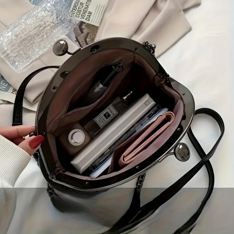 Vintage Silver Metal Clasp Chain Crossbody Bag PU Leather Shoulder Purse for Women