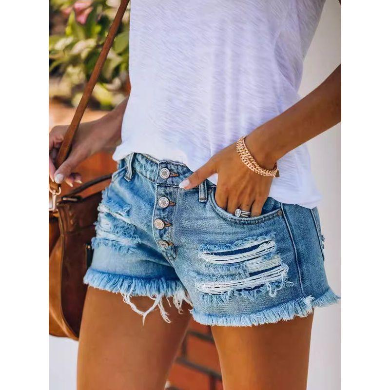 European and American Ripped Tassel Denim Straight Buckle Shorts Ripped Fringed Washed Denim Shorts