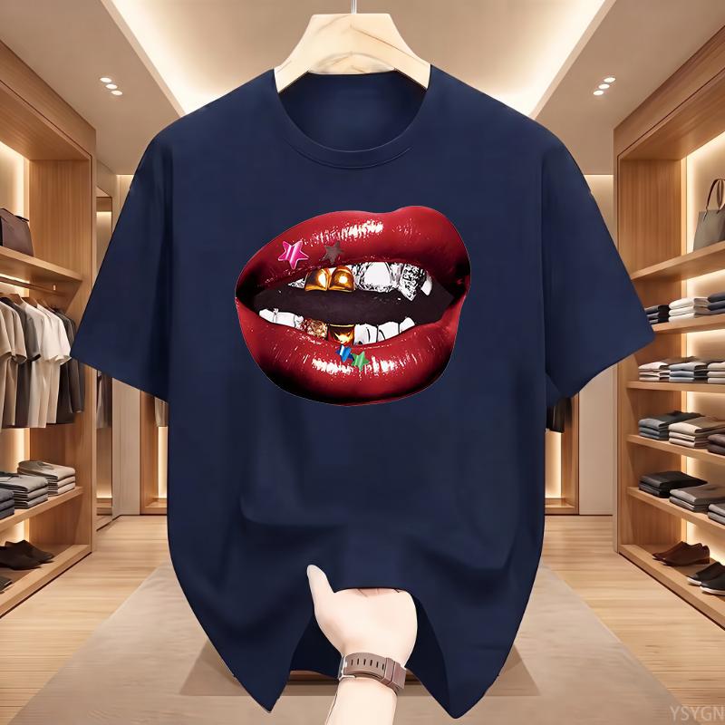 American Personalized Lip Pattern Pure Cotton Printed Unisexs And Unisexs Clothing Summer New Casual Loose Fashion Tshirt