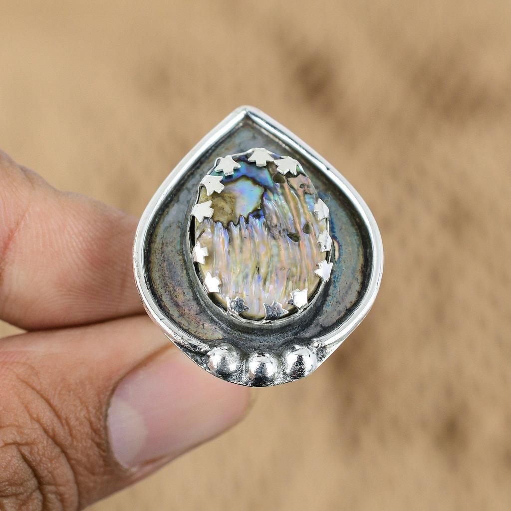 Gift For Her 925 Silver Natural Abalone Shell Multi Stone Adjustable Ring