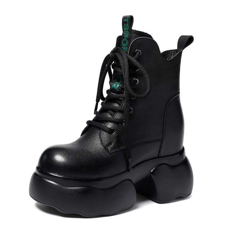 Women's Genuine Leather British-Style Ankle Boots - Versatile Autumn/Winter Fashion with Thick Sole and Inner Height Adjustment