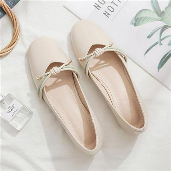 

Туфли-балетки из натуральной кожи с квадратным носком и бантом - 2025 Весна/Лето Женские туфли на низком каблуке в сказочном стиле 40