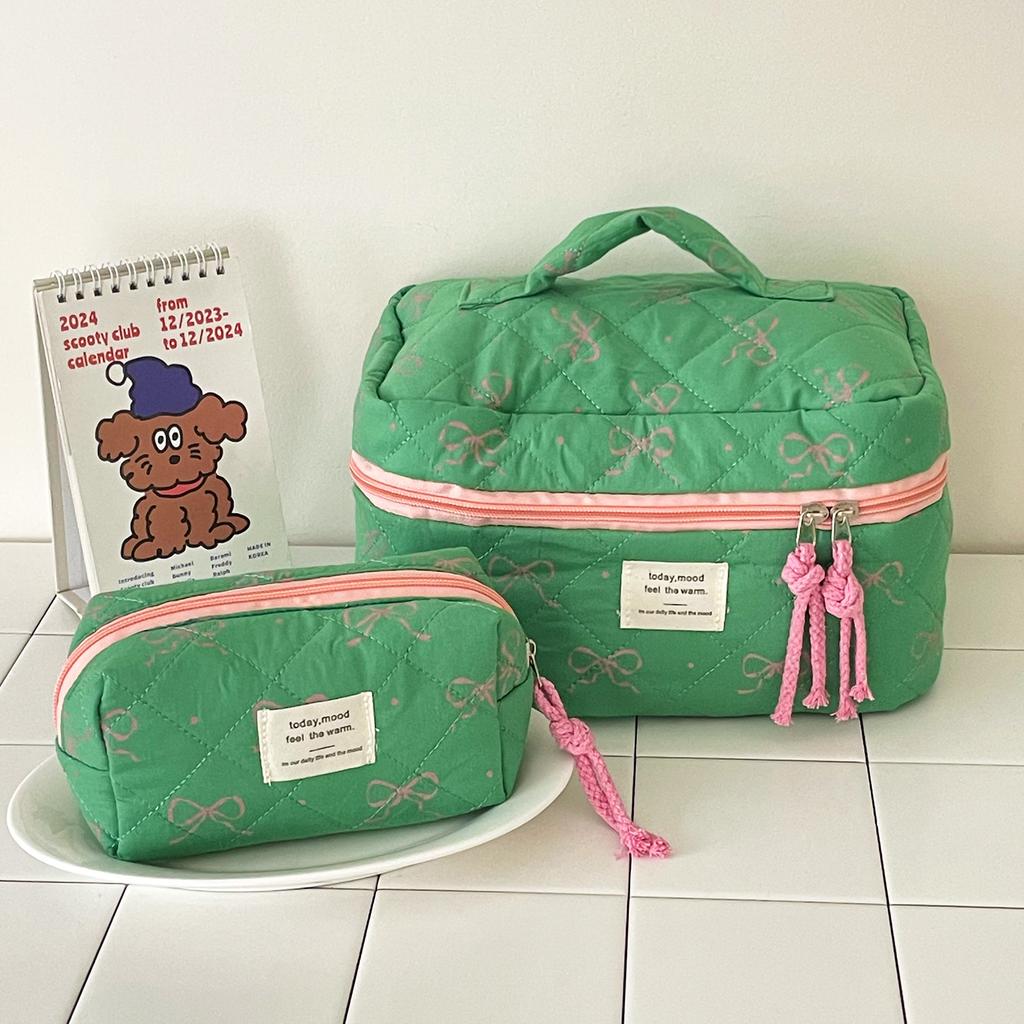 Green Fruit Bow Cosmetic Bag High Value Travel Cosmetics Portable Contrasting Color Portable Storage Bag Wash Bag