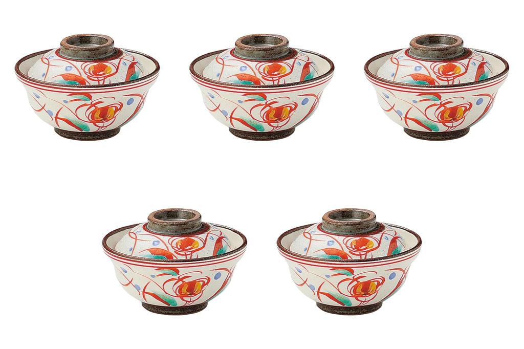 Set of 5 Red Grass Pattern Small Lidded Bowls X Ceramic Simmered Food Bowls by Setomonohonpo [11 7.9 Cm]