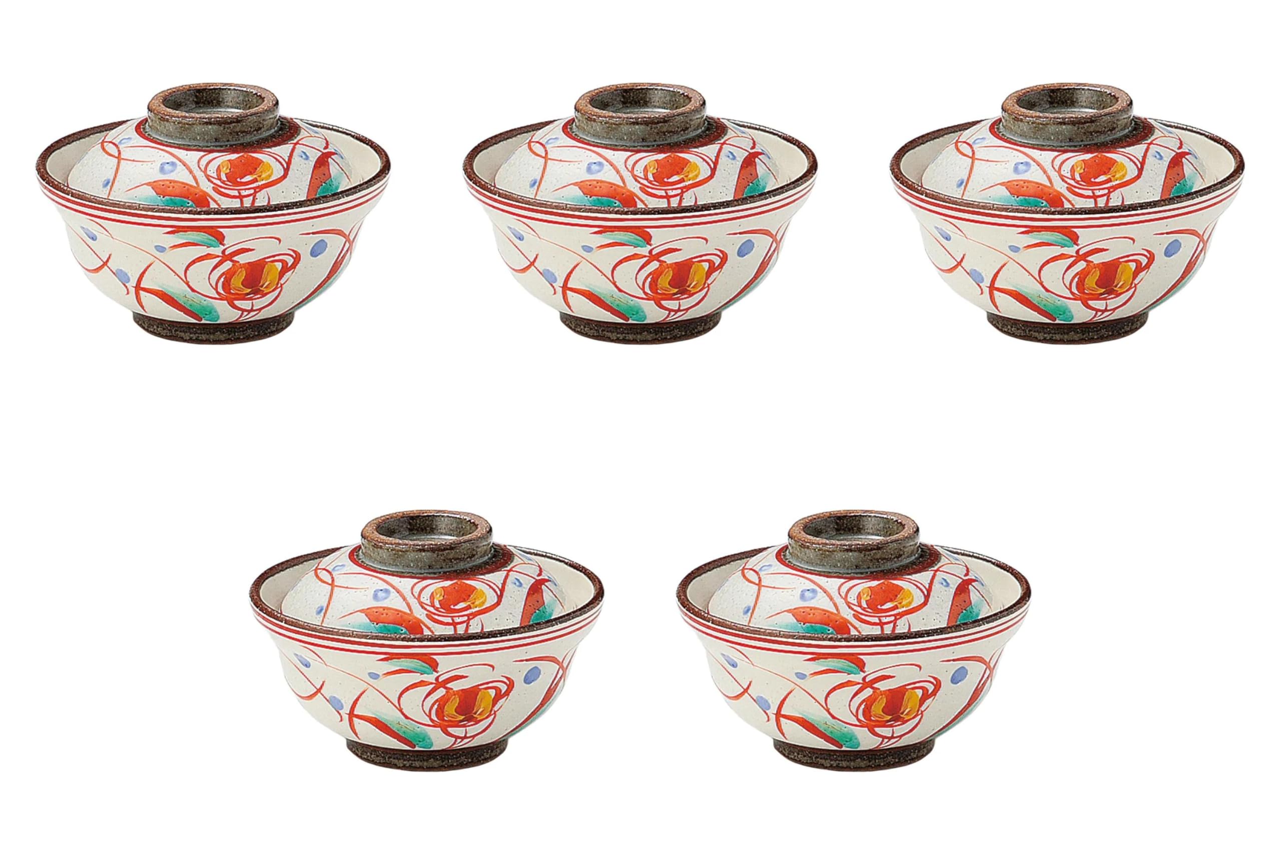 

Набор из 5 маленьких мисок с крышками с узором красной травы x керамические миски для тушеных блюд от Setomonohonpo [11 7,9 см]