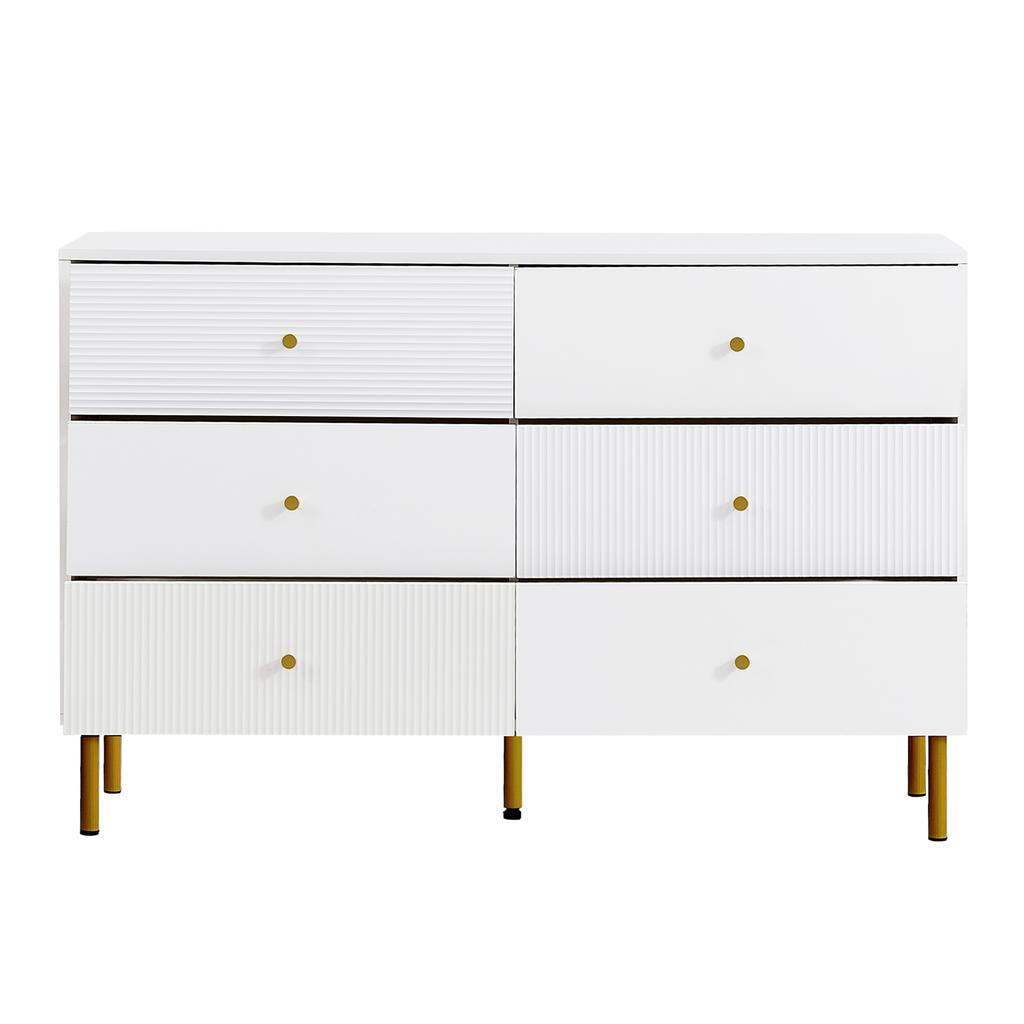 Modern 6-Drawer Chest, White Storage Chest with Zinc Alloy Handles & Steel Legs, 120×40×78cm MDF Cabinet for Bedroom, Living Room, Entryway