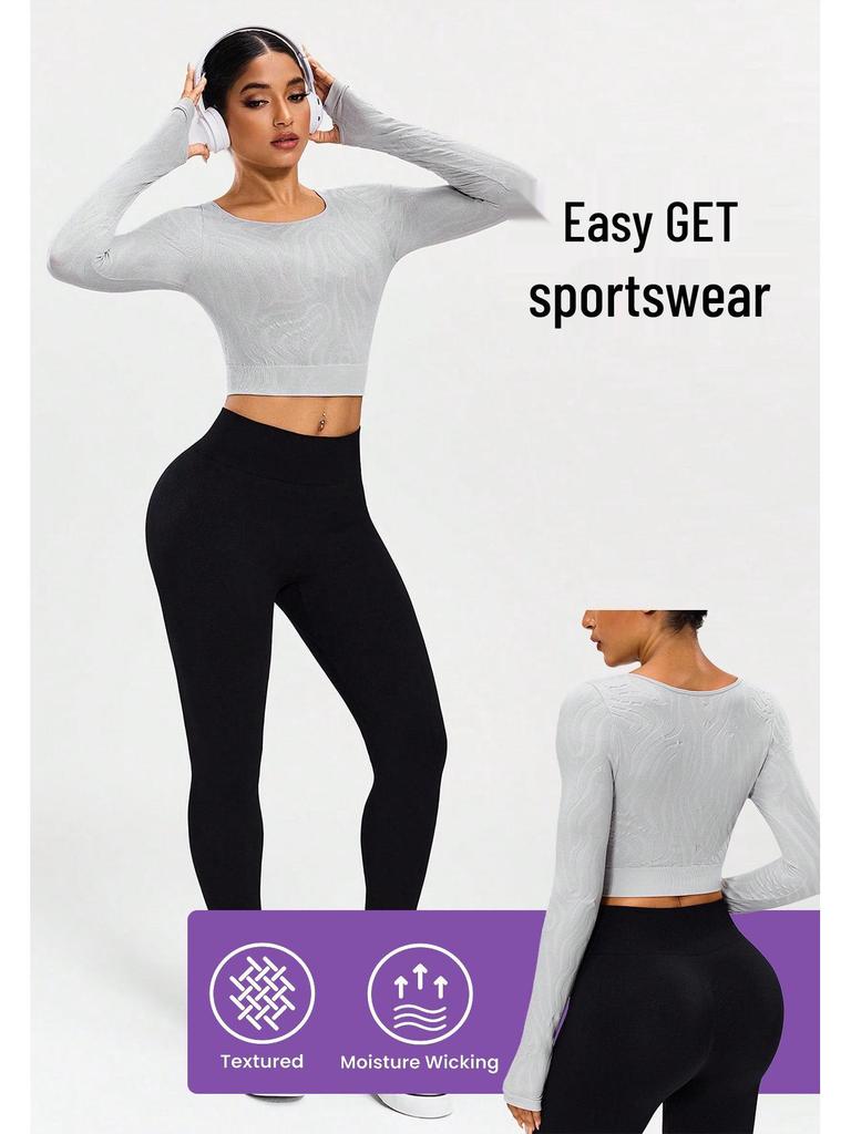Solid Color Long Sleeve Seamless Knit Yoga Top for Outdoor Sports & Fitness