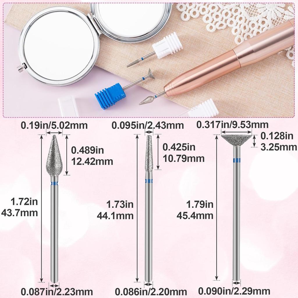 3 Pcs Nail Drill Bits, Cuticle Bit for Nail Drill, Diamond Nail Drill Bits for Nail Art, Dead Skin, Nail Polishing