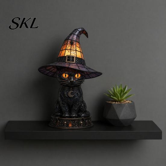 Halloween Table Lamp Witch Cat Night Light, Resin with Warm Wizardry Decor Lighting Glow, Gothic Home for Bedroom Shelf, Spooky Gift