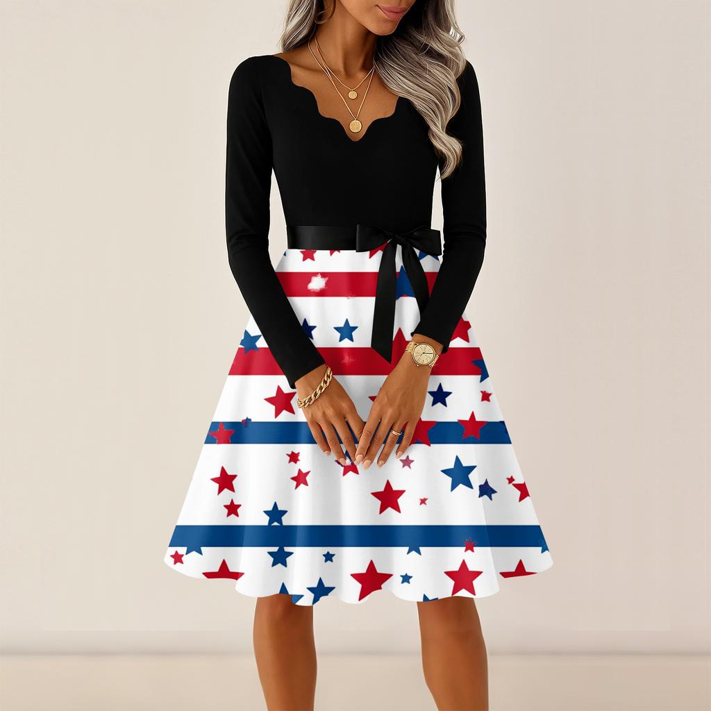 Ladies' casual and fashionable V-neck long sleeved retro independent day print retro dress