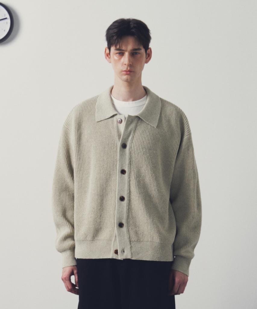 Andagain Minimal Collar Cardigan (Oat Beige