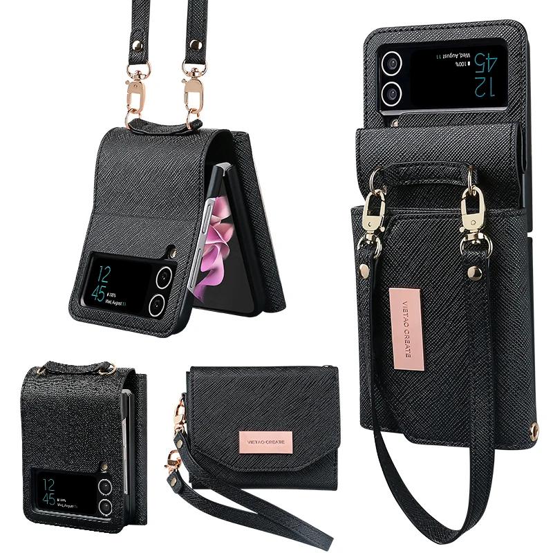 Lanyard Wallet Leather Cards Solt Case For Samsung Galaxy Z Flip 6 5 4 Flip4 5G Purse Bag Hand Strap Skin Feeling Back Cover