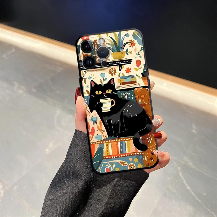 Забавный Мультяшный Черный Кот Чехол для Телефона Для iPhone 17 16 15 11 12 14 13 Pro Max Mini XS XR 7 Plus 16E Ударопрочный Мягкий Силиконовый Чехол iPhone 7