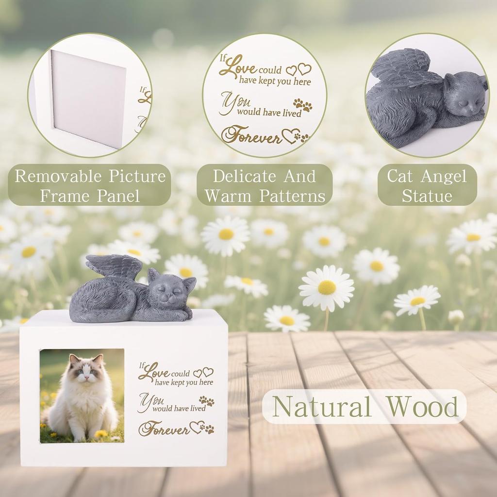Cat Memorial Urn for Ashes - Wooden Cat Keepsake Box with Photo Frame, Resin Angel Statue & Velvet Ash Bag, Pet Loss Remembrance Gift (White)