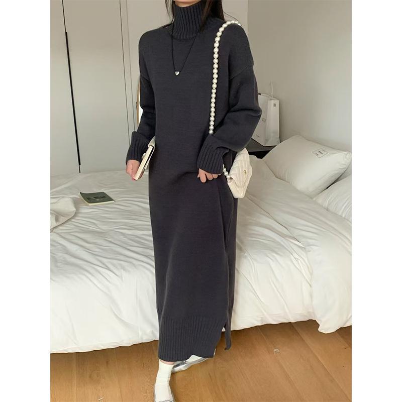 turtleneck sweater skirt autumn and winter new lazy temperament solid color loose large size bottoming knitted dress
