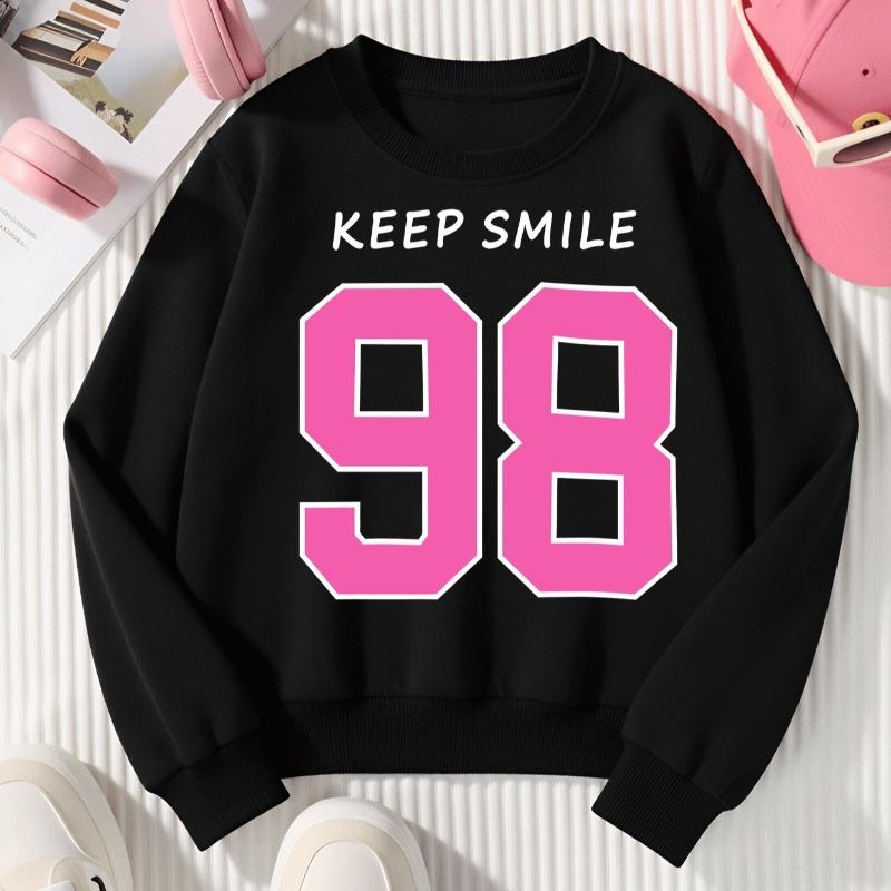 Kids Crewneck Long Sleeve Sweatshirt,Trendy Pink Number 98 & Keep Smile Print 110