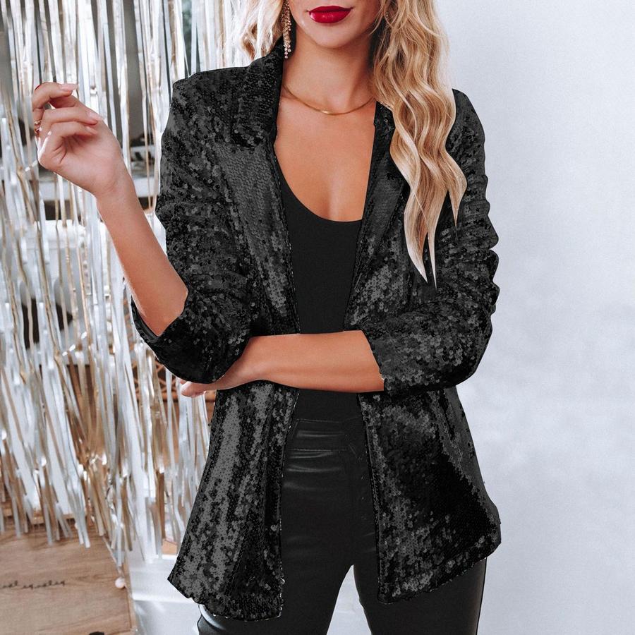 Mini Blazer New Commute Style Open-Collar Long Sleeve Sequined Casual Blazer Jacket for Women