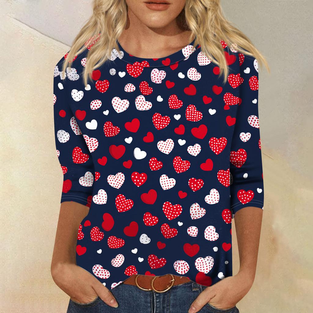 Damen Modisches Lässiges Dreiviertelarm Valentinstag-Druck Rundhals Pullover-Oberteil