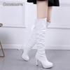 Leder Schwarze Kniehohe Stiefel Hoher Absatz Plateau-Schuhe Gefaltete Elegante Mode Lange Stiefel Größe 34-40 Hohe Stiefel Damenschuhe