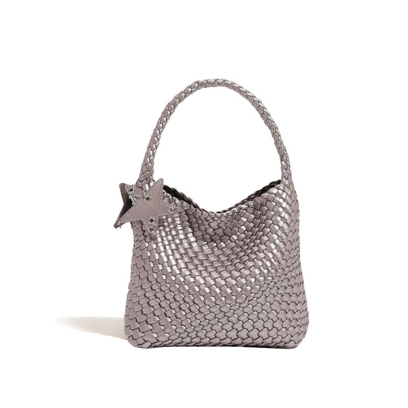 

Jinjing Same Style Handmade Woven Bag Small Size Champagne Cowhide Vegetable Basket Underarm Bag Portable Large Capacity Tote Bag Small size Silver + liner bag + star ornaments
