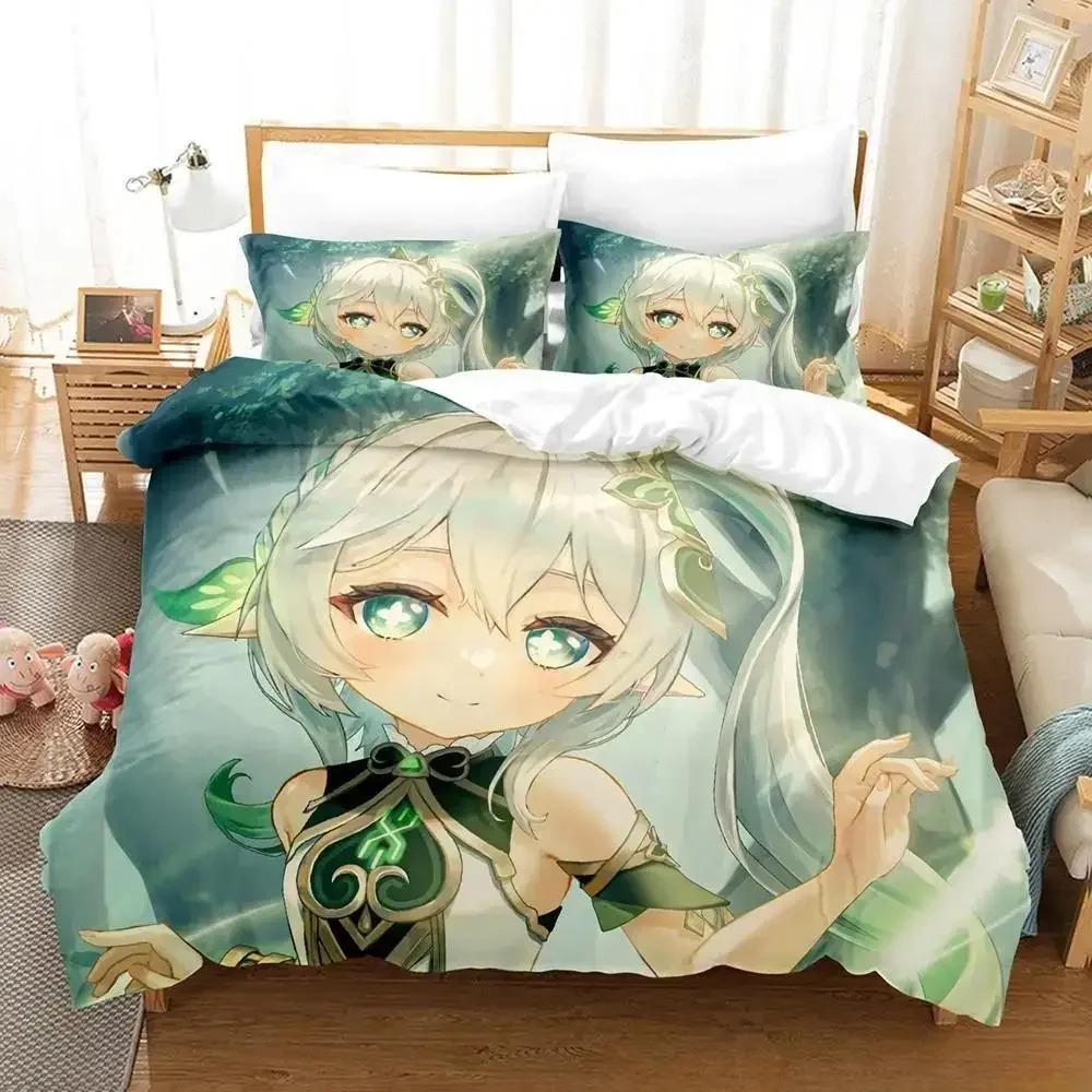 Leicht Atmungsaktiv Neues Spiel Nahida Genshin Impact Cartoon Anime dreiteilig Erwachsene Kinder Schlafzimmer-Sets 3D Kawaii Mädchen Bettdecke