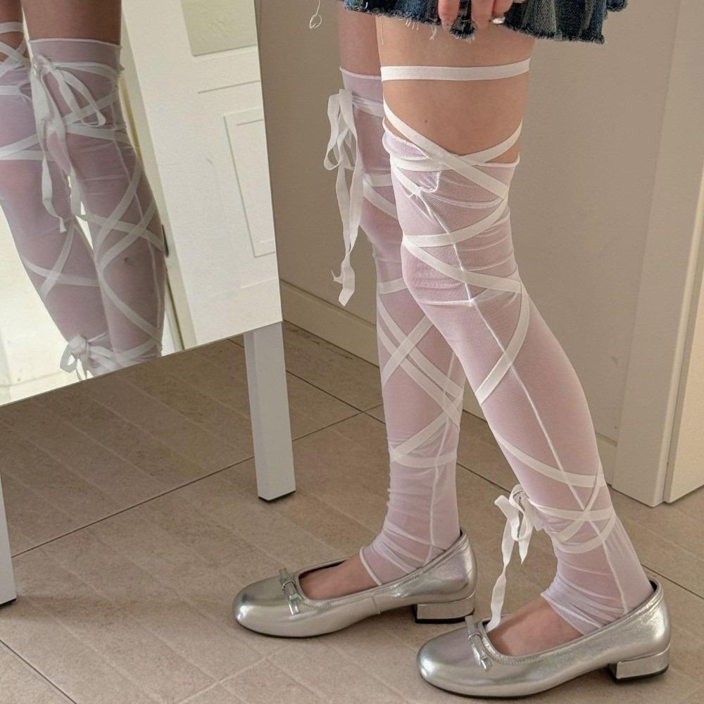 

Transparent Sheer Long Socks Balletcore Thigh-high Leg Warmers Comfortable Tie-up Stockings Lady белый